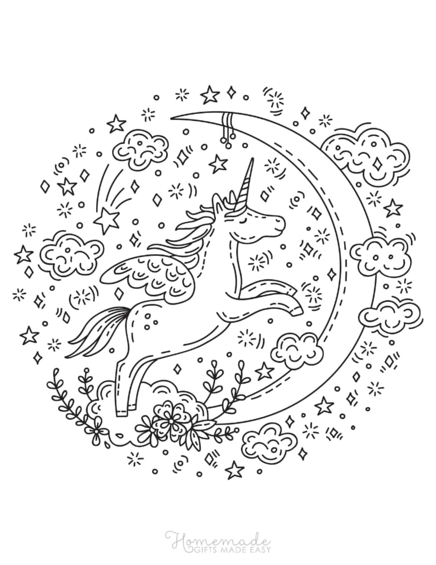 Winged Unicorn Flying Crescent Moon Clouds Stars Flowers Unicorn Tracing Worksheets Pdf Free Vectors